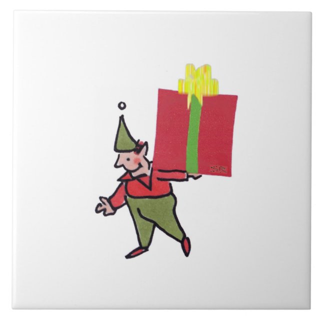 Elf With Red Box white large ceramic tile (Front)