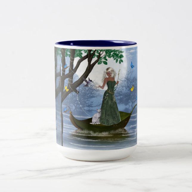 Elf with White Cat Riding on a Leaf  Cocoa Mug (Center)