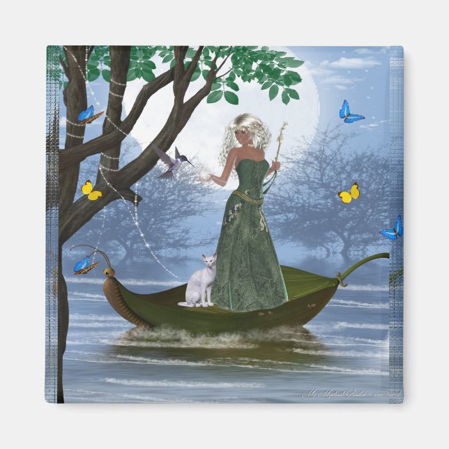 Elf with White Cat Riding on a Leaf Magnet (Front)