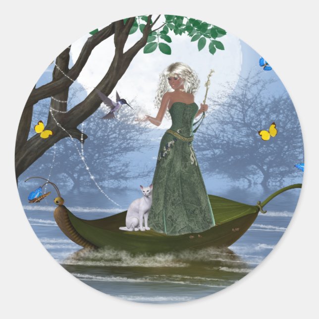 Elf with White Cat Riding on a Leaf Stickers (Front)