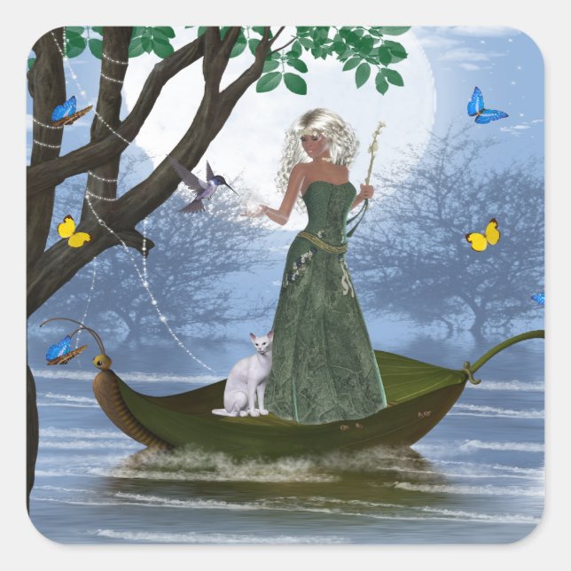 Elf with White Cat Riding on a Leaf Stickers 2 (Front)