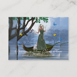 Elf with White Cat Riding on Leaf Business Cards