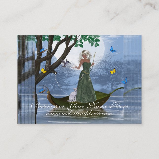 Elf with White Cat Riding on Leaf Business Cards (Front)