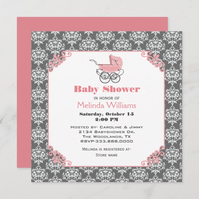 Elgant Damask Pink Stroller Baby Shower Invitation (Front/Back)
