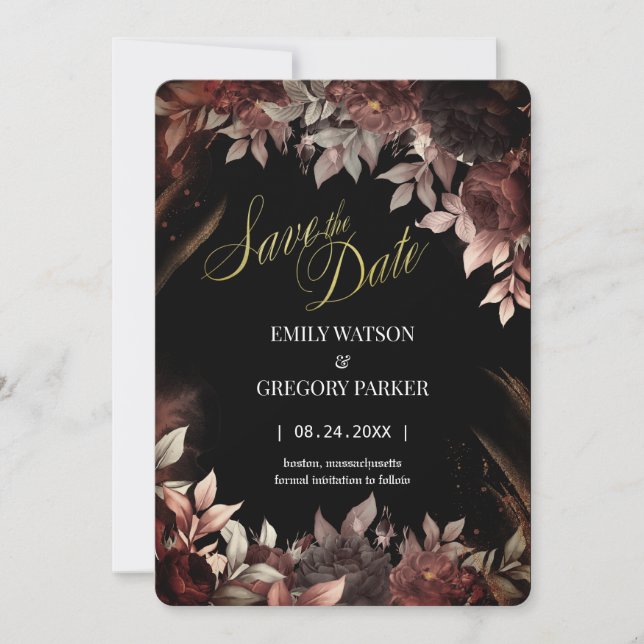 Elgant Gothic  Burgundy Red and Black Floral Save The Date (Front)