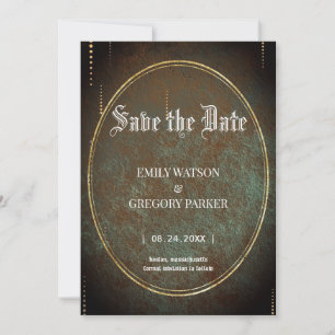 Elgant Gothic teal rust gold framed Save The Date