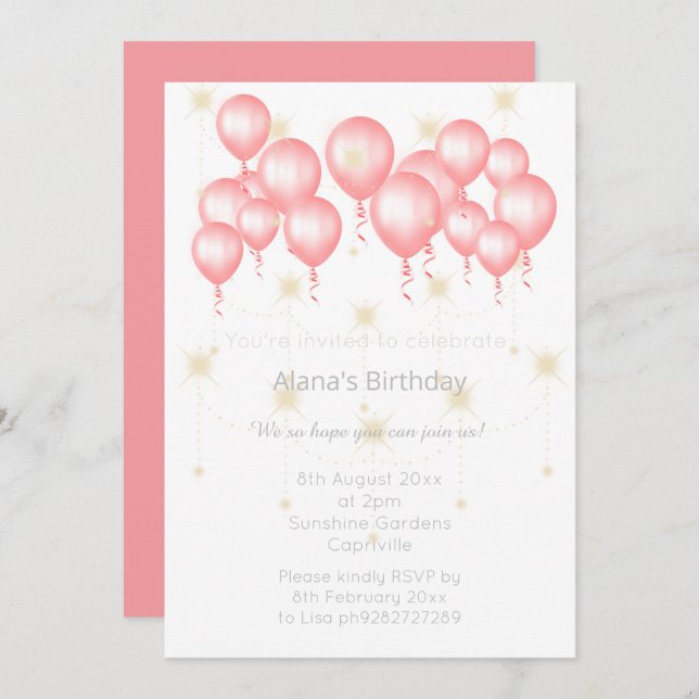ELGANT MODERN BALLOON ROSE PINK REVERSE BIRTHDAY INVITATION (Front/Back)