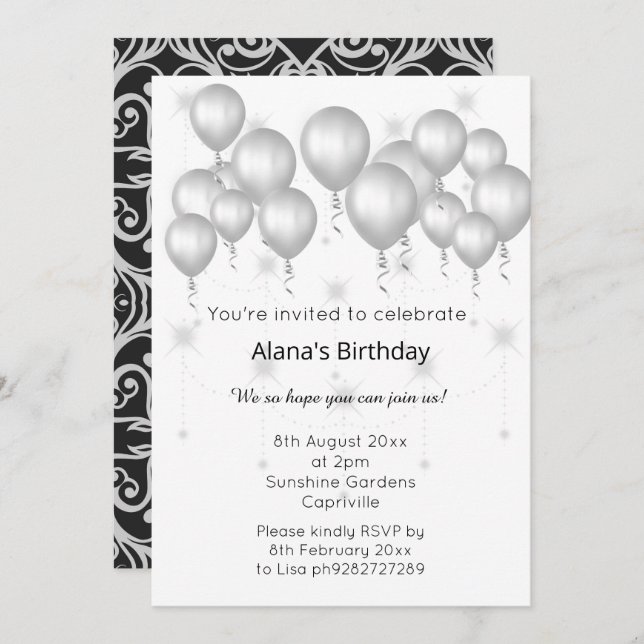 ELGANT MODERN DAMASK SILVER BALLOON Sparkle Invitation (Front/Back)