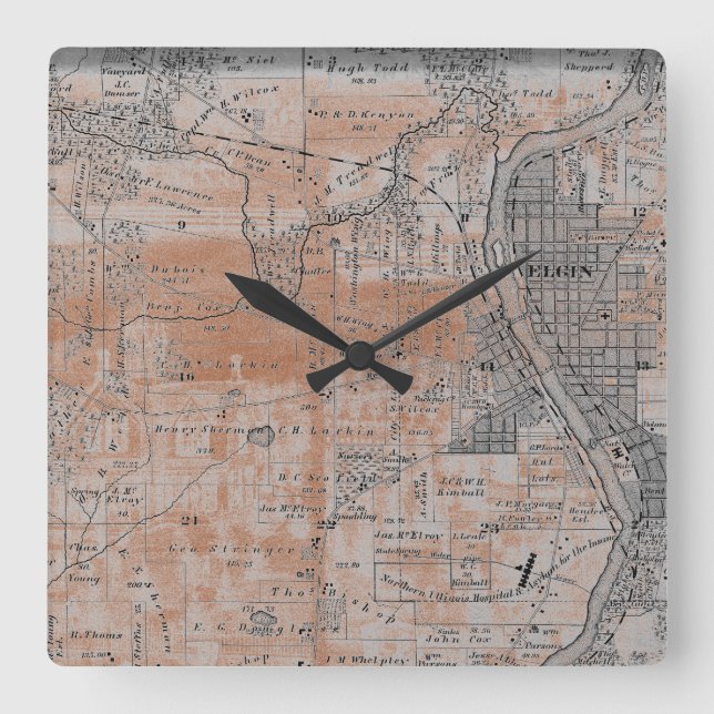 Elgin Illinois 1870 Plat Map Fox River Downtown Square Wall Clock (Front)