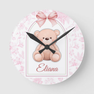 Eliana Custom Pink Teddy Bear Nursery Design Round Clock