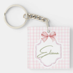 Eliana Personalized Pink Bow & Gingham Print Key Ring