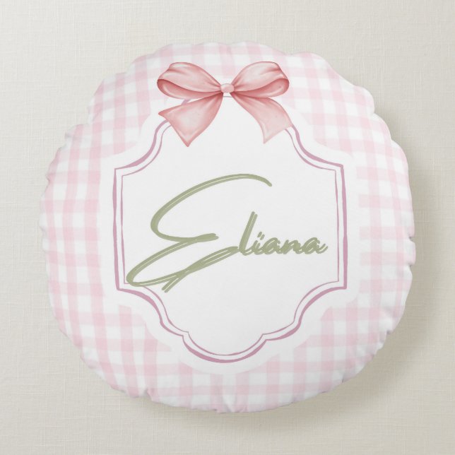 Eliana Personalized Pink Bow & Gingham Print  Round Cushion (Front)