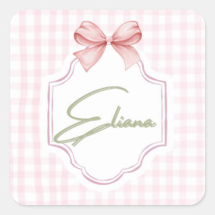 Eliana Personalized Pink Bow & Gingham Print Square Sticker