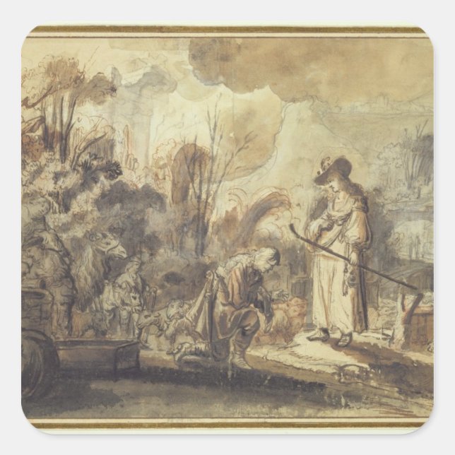 Eliezer and Rebecca at the Well Square Sticker (Front)