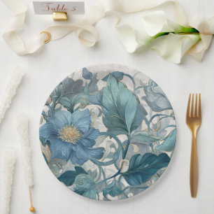 Elise Blue Nouveau Floral Garden Paper Plate