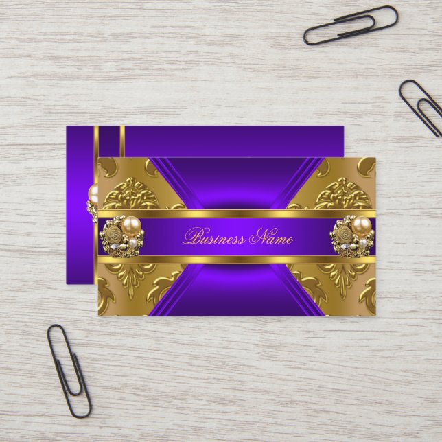 Elite Business Purple Gold Elegant Damask Jewel Business Card (Front/Back In Situ)