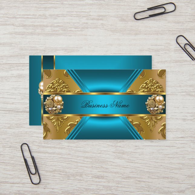 Elite Business Teal Blue Gold Damask Jewel Business Card (Front/Back In Situ)
