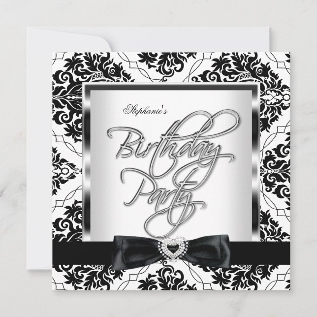 Elite Damask Silver Black White Birthday Party Invitation (Front)