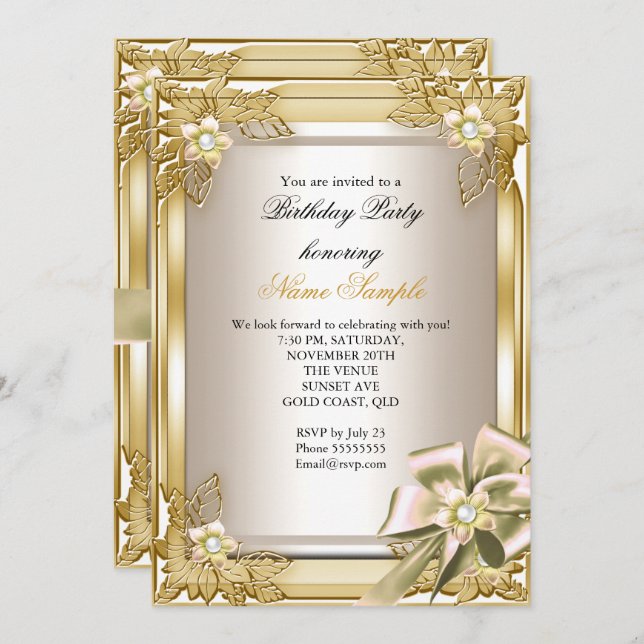 Elite Elegant Birthday Party Gold Cream Bow L Invitation (Front/Back)