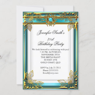 Elite Elegant Birthday Party Teal Blue Gold White Invitation