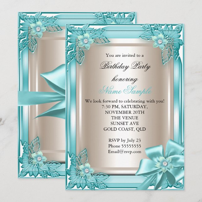 Elite Elegant Birthday Party Teal Cream Bow 2 Invitation (Front/Back)