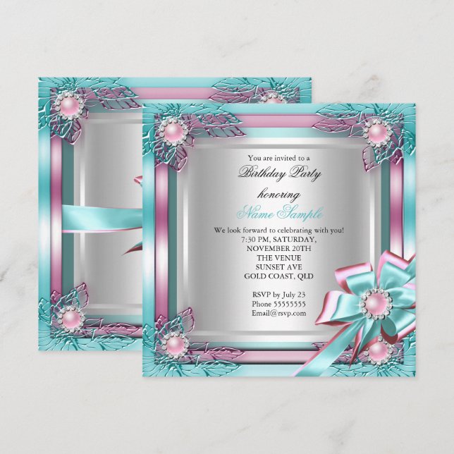Elite Elegant Birthday Party Teal Pink Silver 2 Invitation (Front/Back)
