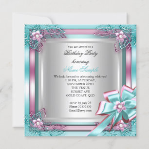 Elite Elegant Birthday Party Teal Pink Silver Invitation