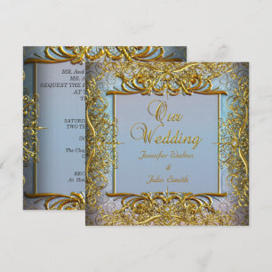 Elite Elegant Wedding Blue Set Beige Gold Invitation