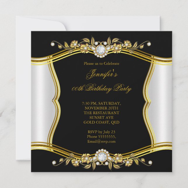 Elite Gold Black Floral Diamond Jewel Party Invitation (Front)