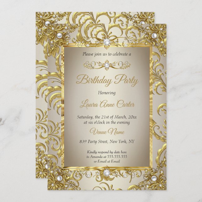 Elite Gold Damask Cream Pearl Birthday Party Invitation (Front/Back)