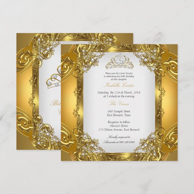 Elite Golden White Pearl Lace Tiara Birthday 2 Invitation (Front/Back)