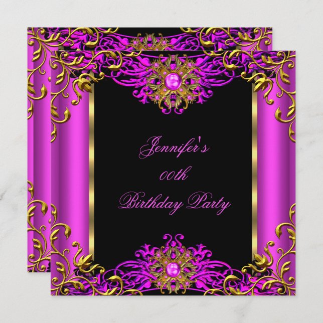 Elite Hot Pink Gem Gold Black Birthday Party 2 Invitation (Front/Back)