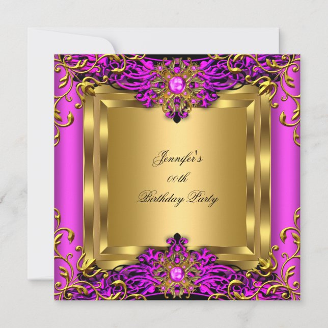 Elite Hot Pink Gem Gold Black Birthday Party Invitation (Front)