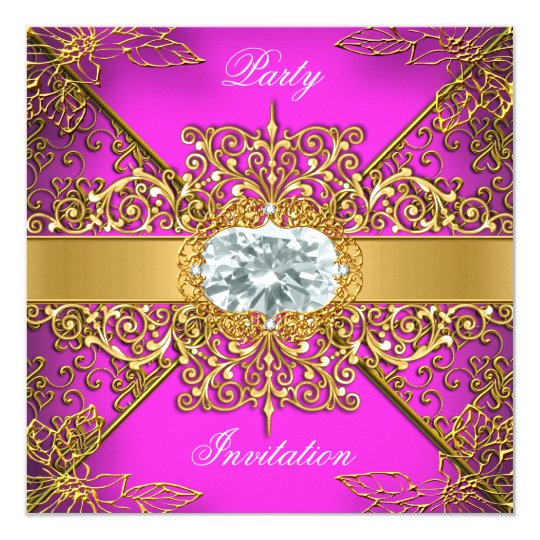 Elite Hot Pink Gold Damask Birthday Party Card