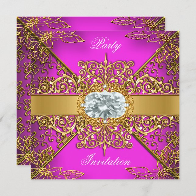 Elite Hot Pink Gold Damask Birthday Party Invitation (Front/Back)