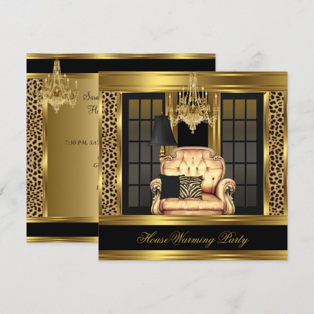 Elite Housewarming Party Chandelier Gold Chair Invitation (Front/Back)