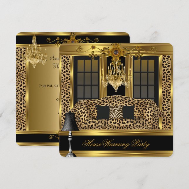 Elite Housewarming Party Chandelier Leopard Gold Invitation (Front/Back)