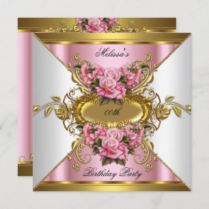 Elite Pink Roses White Gold Birthday Party Invitation