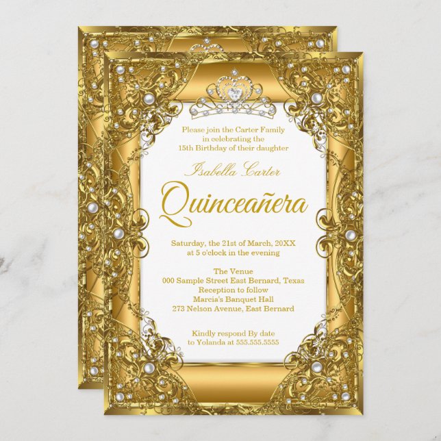 Elite Quinceanera 15th Gold  Pearl Tiara Photo Invitation (Front/Back)