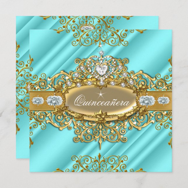 Elite Quinceanera Blue Teal Silver Gold 15th Party Invitation (Front/Back)
