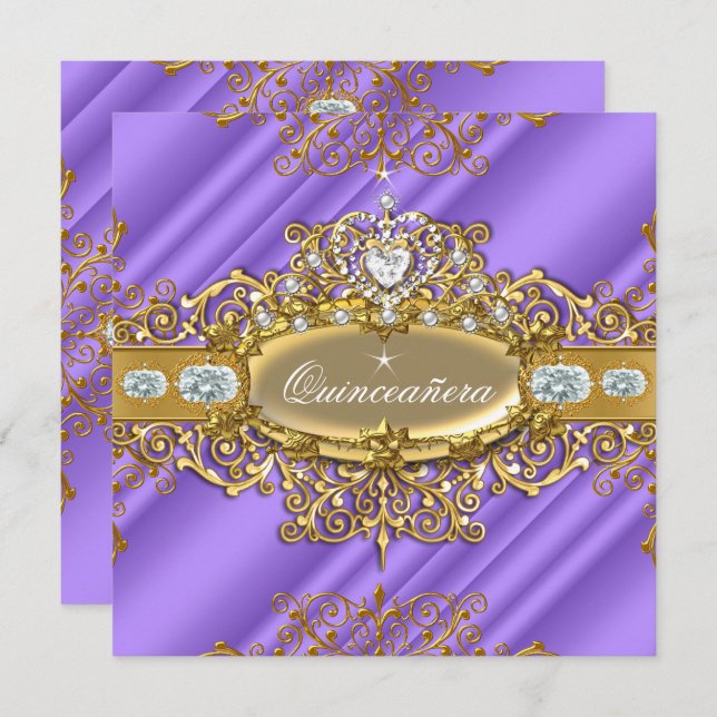 Elite Quinceanera Purple Silver Gold 15th Birthday Invitation (Front/Back)