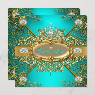 Elite Quinceanera Teal Blue Gold Damask 15th Party Invitation
