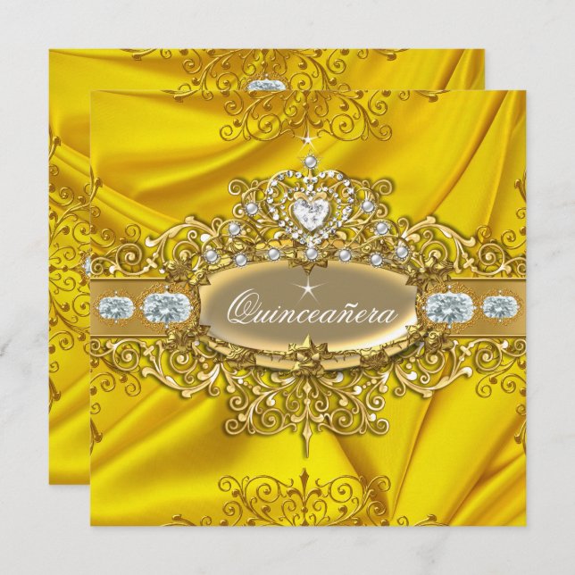 Elite Quinceanera Yellow Silk Silver Gold Party Invitation (Front/Back)