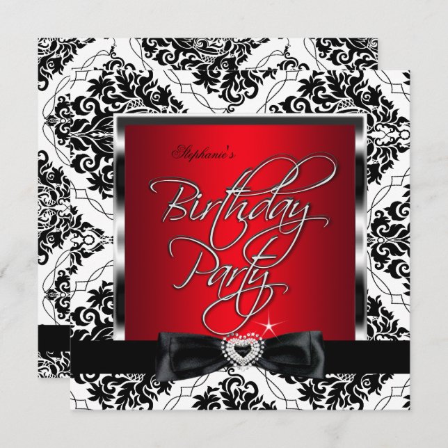 Elite Red Damask Silver Black White Birthday Party Invitation (Front/Back)