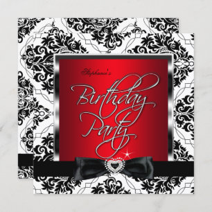 Elite Red Damask Silver Black White Birthday Party Invitation