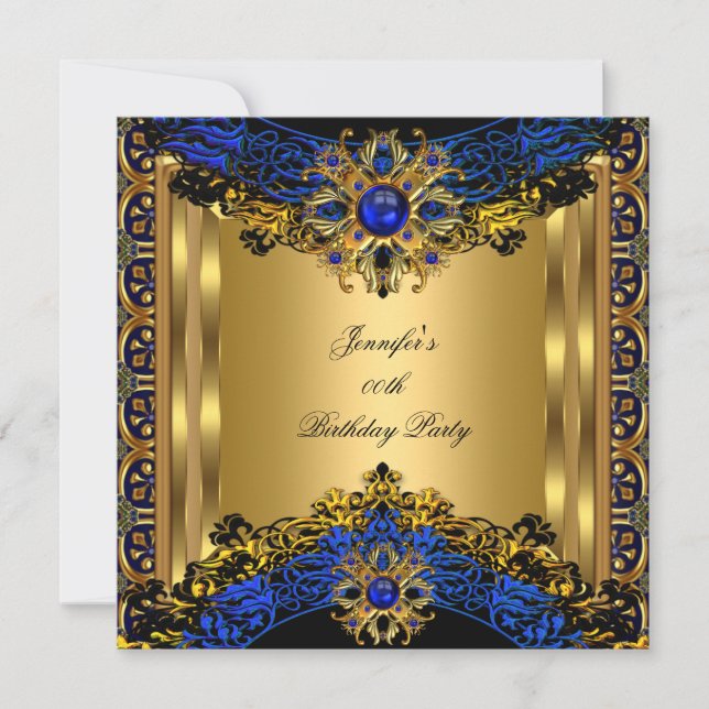 Elite Royal Blue Gem Gold Black Birthday Party Invitation (Front)