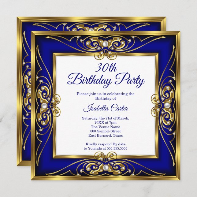 Elite Royal Blue Gold Pearl Photo 30th birthday Invitation (Front/Back)