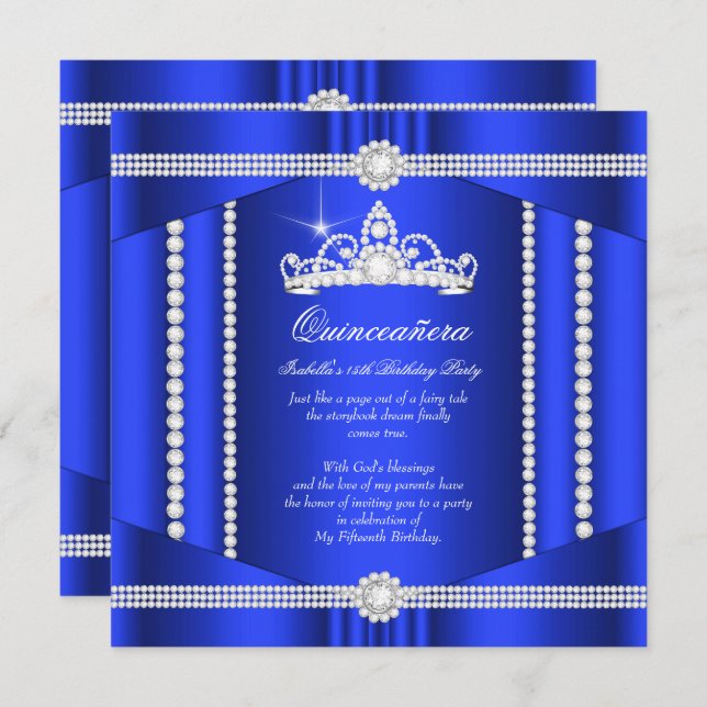 Elite Royal Blue Princess Quinceanera Diamond Invitation (Front/Back)