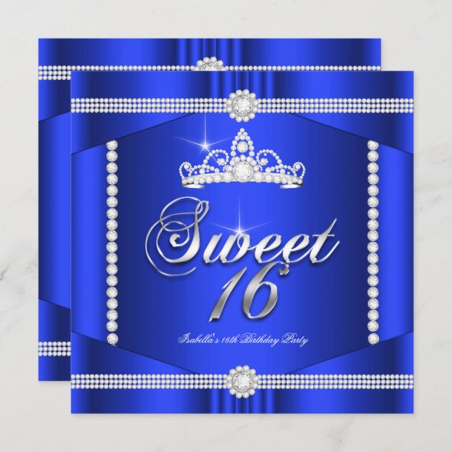 Elite Royal Blue Princess Sweet 16 Party Diamond Invitation (Front/Back)