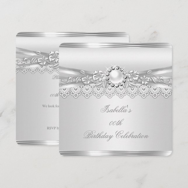 Elite Silver White Pearl Lace Floral Birthday Invitation (Front/Back)